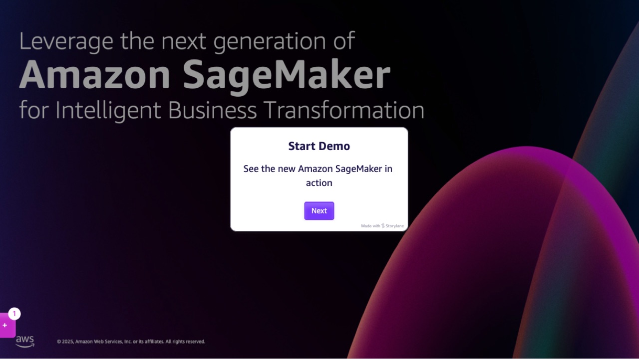 The opening screen of the self-guided Amazon SageMaker Unified Studio demo, with a Start Demo prompt over the SageMaker title slide